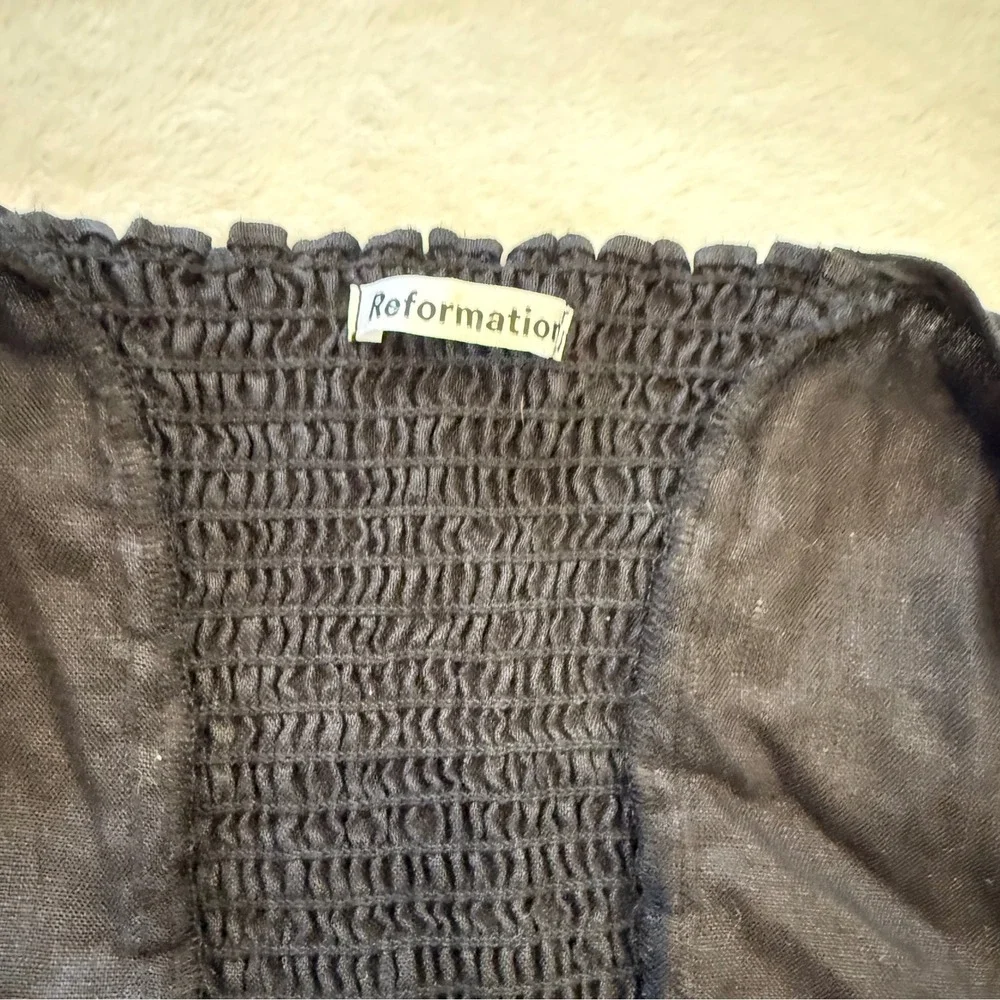 Reformation Black Linen Smocked Back‎ Square Neck Puff Sleeve Blouse Top